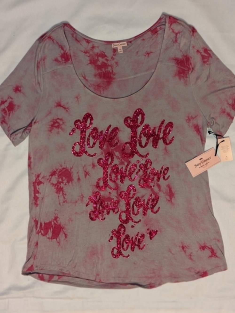 Juicy Couture Y2K Glitter Love Tie Dye Graphic Tee Shirt Top Loose Fit - Picture 4 of 8